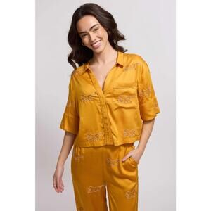 Sani yellow tiger embroidered lounge pajama shirt button front yellow S